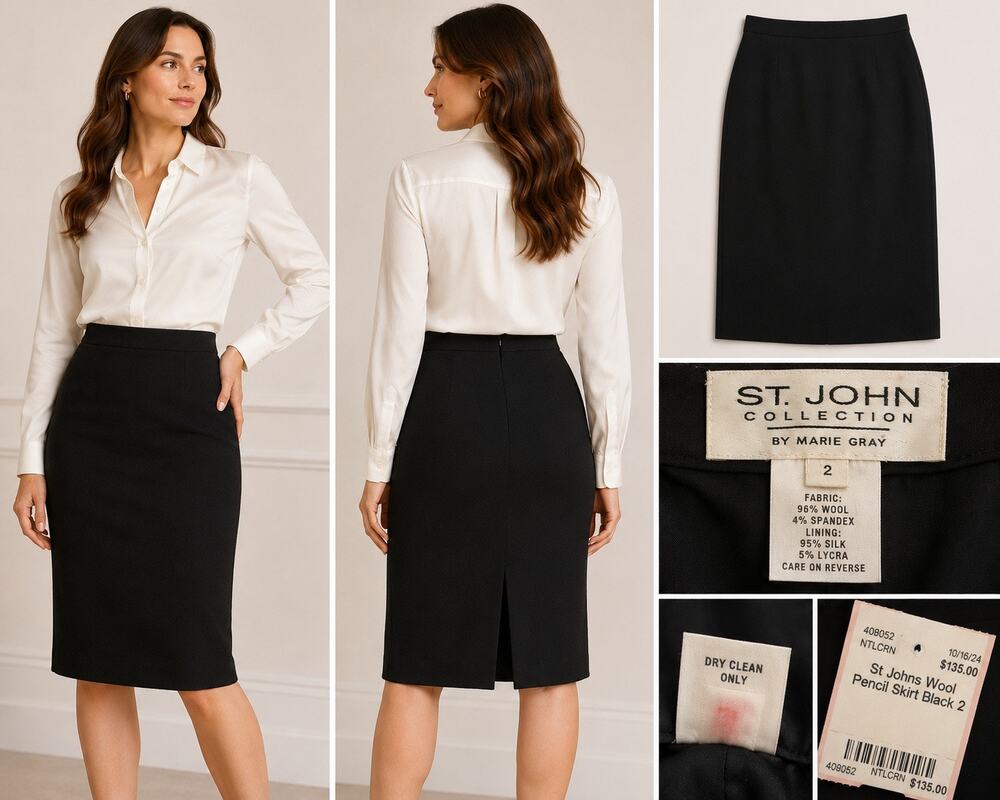 St. John Collection Black Wool Pencil Skirt 2 NWT